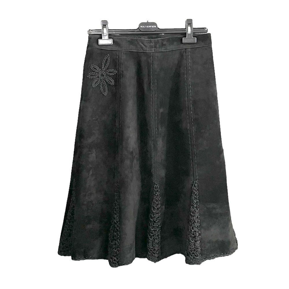 DANIER Black Suede Embroidered Flower Flare Skirt Size 8